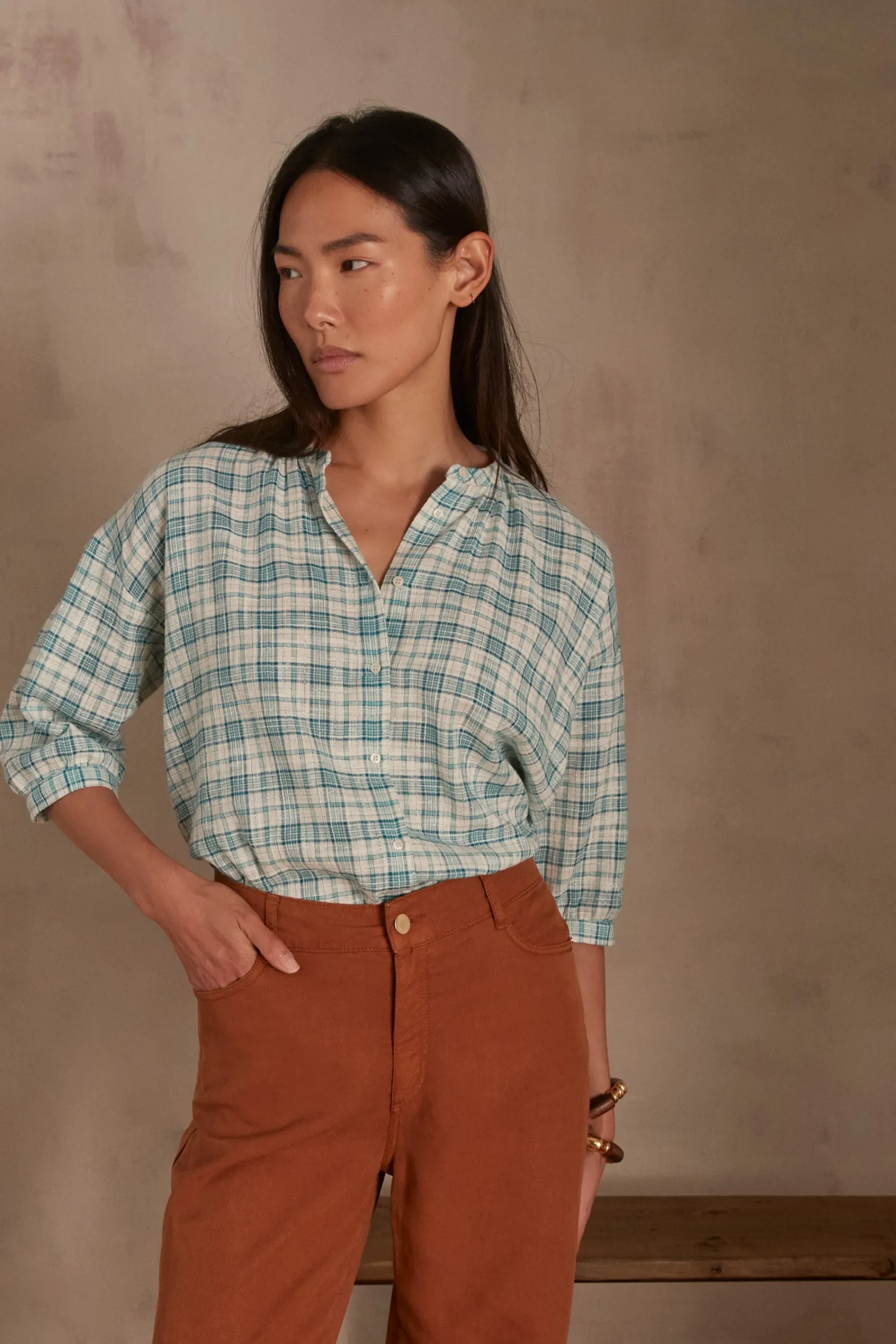 Maison 123 Blouses Et Chemises Imprimées|Blouses Et Chemises En Coton>Blouse à carreaux BELLE TURQUOISE