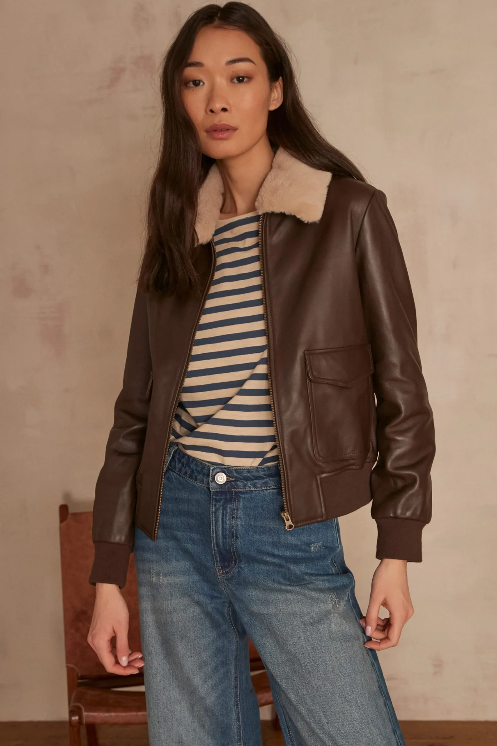 Maison 123 Manteaux Et Blousons En Cuir|Vestes Et Blousons En Cuir>Blouson en cuir Adam MARRON