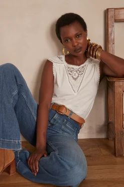 Maison 123 T-Shirts Col Rond|Débardeurs>T-shirt brodée Tiana CREME